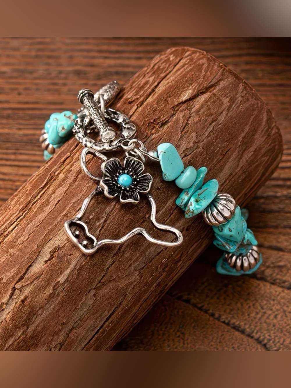 Western Bracelet Turquoise Stone Cow Charm Bracelet - Silver Accent